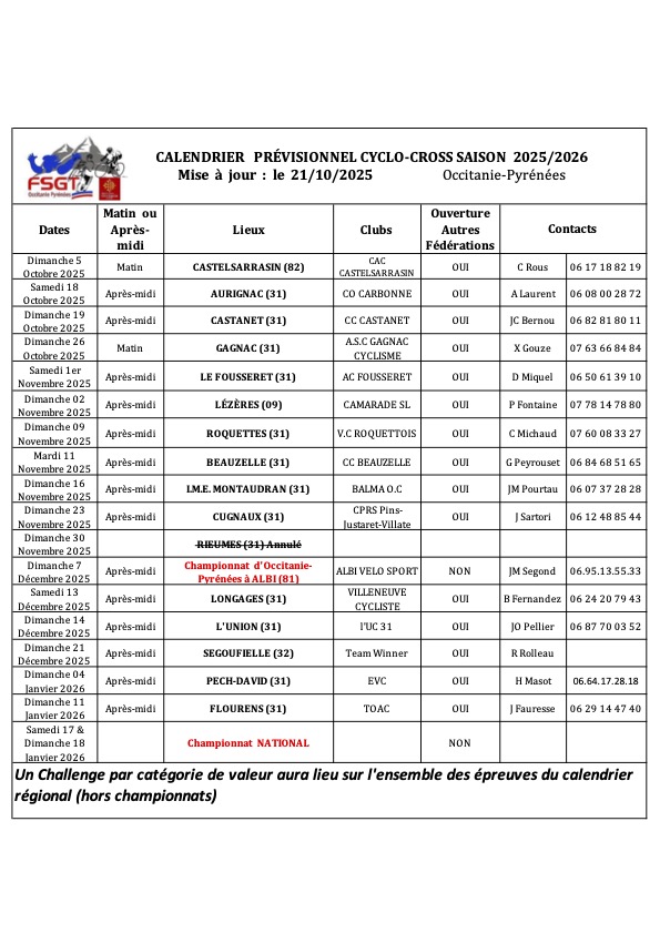 Calendrier cyclocross Gravel FSGT Saison 2025 2026 V2