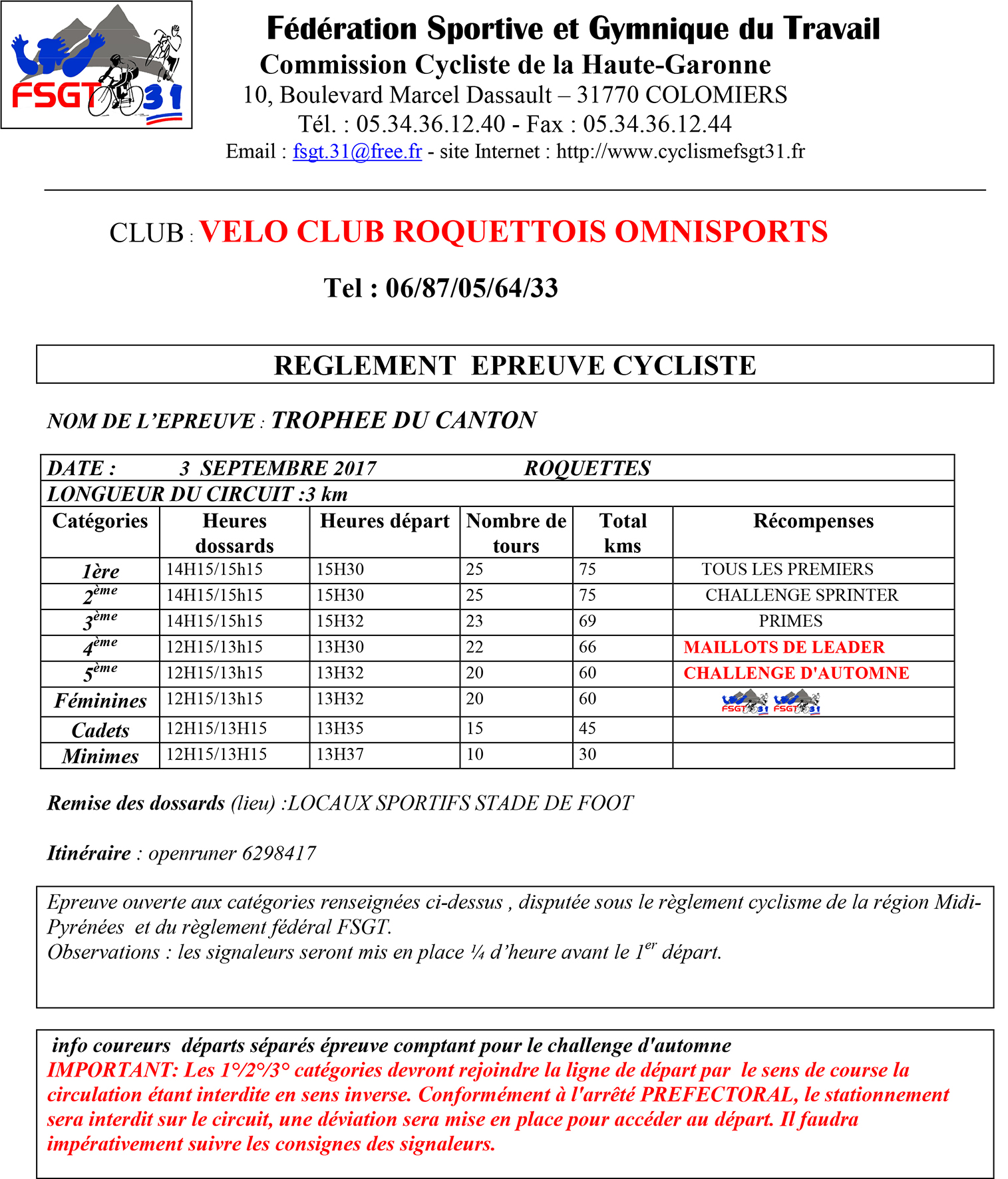 Fiche Epreuve Route TROPHEE DU CANTON