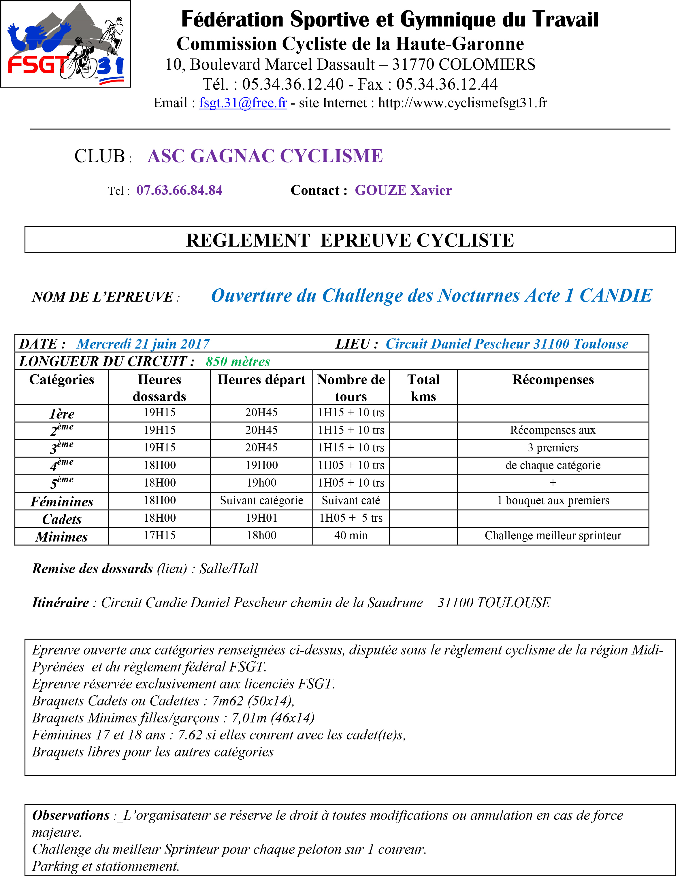 Fiche Epreuve Route Candie 21 06 2017